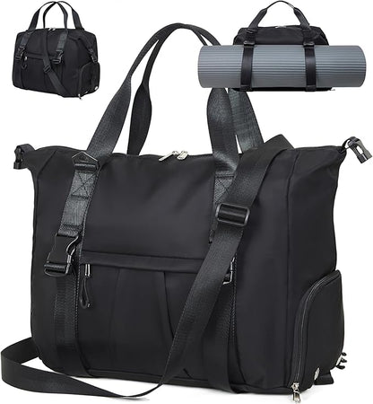 Gym Bag with Yoga Mat Holders, Carry On for Pilates Women & Men with Laptop & Shoe Compartment Large Duffle Travel Weekender Tote with Key Ring Clip Personal Item Workout, Easy to Clean - Black