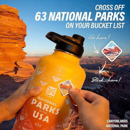 National Parks Water Bottle – 64 oz Insulated Stainless Steel Bottle with 63 Hand-Drawn Park Stickers, Carrier Bag, Strap & Gift Box – BPA-Free – Ideal for Hiking, Camping & Travel
