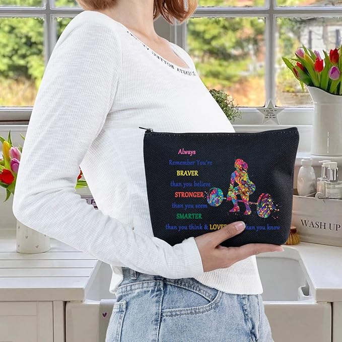 LEVLO Weight Lifting Cosmetic Make Up Bag Weightlifter Gifts Idea You Are Braver Stronger Smarter Than You Think Weightlifting Makeup Zipper Pouch Bag For Women Girls (Weight Lifting Black)