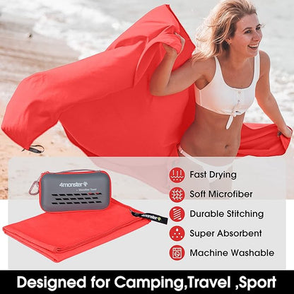 4Monster Quick Dry Travel Towel with Case & Carabiner – Super Absorbent Microfiber Gym & Camping Towel. Compact, Lightweight, Fast Drying for Beach, Swimming, Hiking, Backpacking