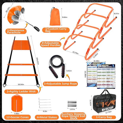 Agility Ladder Speed Training Equipment Set-20ft Agility Ladder,12 Soccer Cones,4 Hurdles,Jump Rope,Running Resistance,Soccer Football Training Equipment with Carrying Bag for Kids Adults