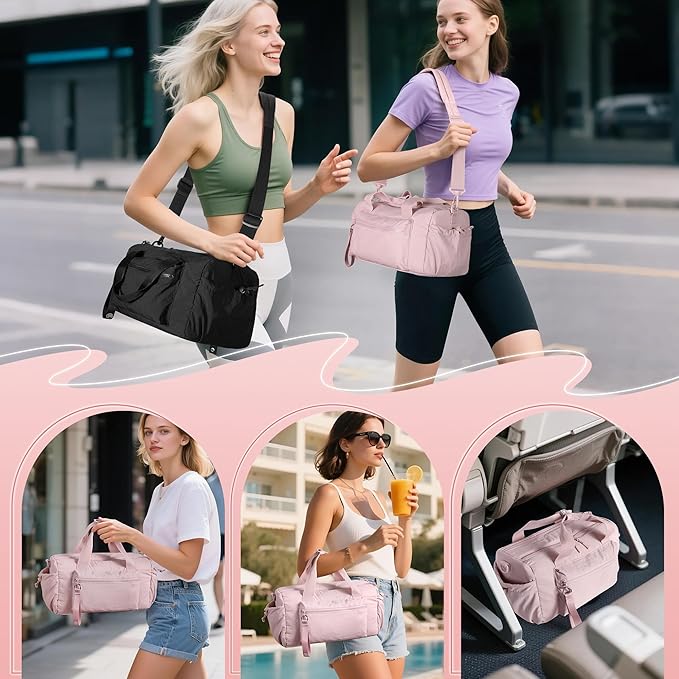 Small Gym Bag for Women, Mini Duffle Bag with Wet Compartment, 12L Travel Carry on Weekender Bag for Sports, Workout and Fitness, Pink