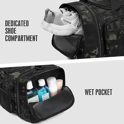 3 in 1 Tactical Gym Bag Backpack for Men 40-45L Expandable Travel Duffle Bag for Women Large Military Sport Duffel Bags Weekend Overnight with Shoe Compartment & Wet Pocket for Fitness, Camo