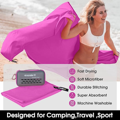 4Monster Quick Dry Travel Towel with Case & Carabiner – Super Absorbent Microfiber Gym & Camping Towel. Compact, Lightweight, Fast Drying for Beach, Swimming, Hiking, Backpacking