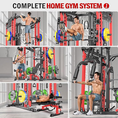 Smith Machine with Cable Crossover System, Multi-Function Power Cage Squat Rack for Home Gym, Power Rack and Packages Weight Sets.