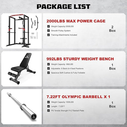 S11 Power Cage, 2000LB Multi-Function Power Rack with LAT Pulldown, Squat Rack with Adjustable Pulley System and Training Attachments, Weight Rack for Home Gym