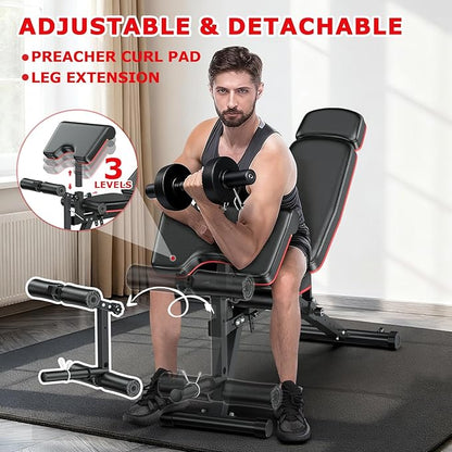 XDDIAS Workout Bench, Adjustable Weight Bench with Leg Extension and Leg Curl, Extended Headrest, 900LBS Preacher Curl Bench Incline Decline Flat Workout Bench for Home Gym Full Body Exercise