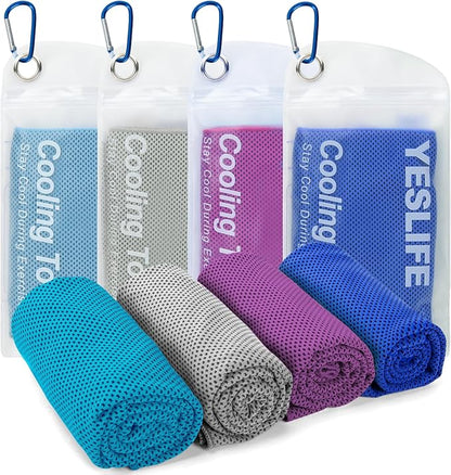 YESLIFE 4 Pack Cooling Towel 40"x12", Gym Towels for Men and Women, Soft Breathable Workout Towels for Yoga, Running, Sport, & More (Grey, Dark Blue, Purple, Blue)