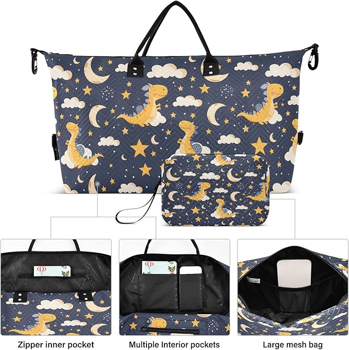 Weekender Bags Travel Duffel Gym Bag Dinosaur Stars Moon Carry on Overnight Tote Bag with Toiletry Bag for Airplane Travel Trip Gym Yoga