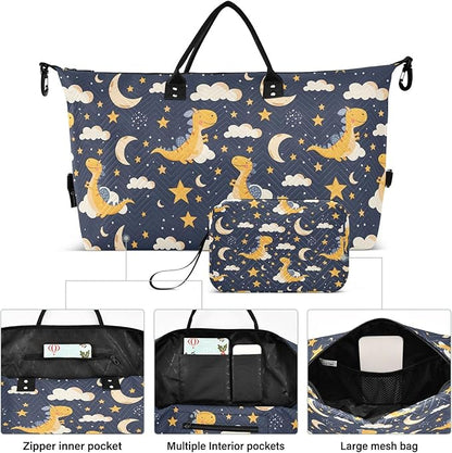 Weekender Bags Travel Duffel Gym Bag Dinosaur Stars Moon Carry on Overnight Tote Bag with Toiletry Bag for Airplane Travel Trip Gym Yoga