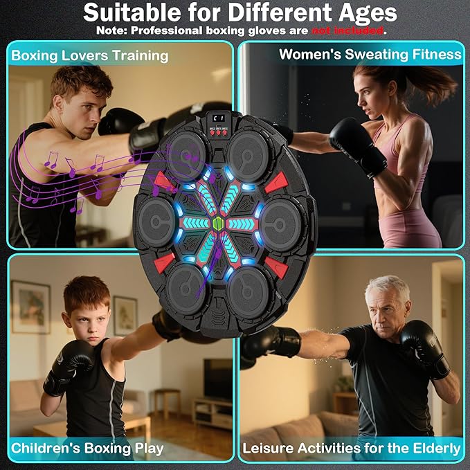 Music Punching Machine for Kids Adults,Bluetooth Wall Mounted Boxing Trainer with Gloves,Rhythm Lights,2 Player Battle Mode,Reaction Training Pad,Home Gym Sport Toys Gifts for Boys Girls Teens 3-12+