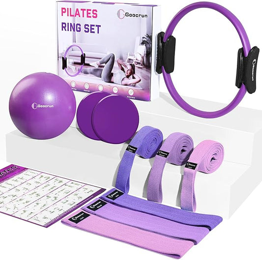 Pilates Ring Set Exercise Equipment, with Exercise Resistance Bands Set, Pilates Ball, Sliding Disks. Portable Home Gym - with Fitness Guide Poster