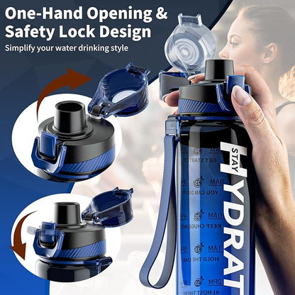 Water Bottle, 32 oz Motivational Water Bottles with Time Marker-Tritan & BPA Free, Sports Water Bottle with Time to Drink & Strap, Wide Mouth, Leakproof -Gift for Christmas Gym Fitness & Outdoor