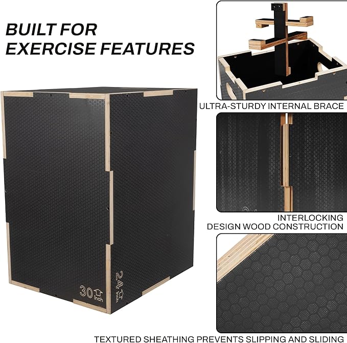 Signature Fitness 3 in 1 Non-Slip Wooden Plyo Box Jump Exercise Platform, Plyometric Workout Equipment for Home Gym, Training Step Box, Gray, Multiple Sizes