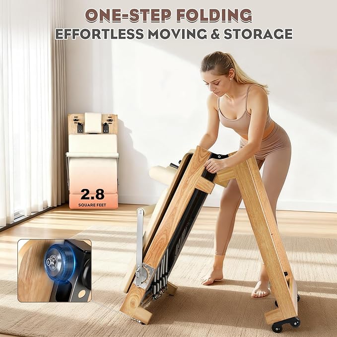 Pilates Reformer, Wooden Foldable Pilates Machine for Home Use, All-in-One Studio Equipment with 6 Springs, Jump Board, Sitting Box & Accessories 3t3 libras