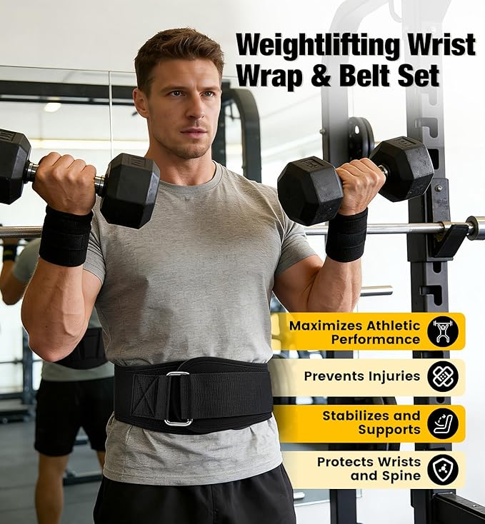 Weightlifting Belt & Wrist Wraps Combo - Auto-Lock Weight Lifting Belt 6.5" Back Support with 0.4" Foam, Adjustable Wrist Wraps for Weightlifting - for Men & Women Beginners & Pros