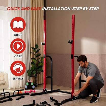 Outdoor Basic Power Cage Squat Rack with Pull-Up Bar & Dip Station, Multi-Functional Home Gym Power Rack Includes J-Hooks, Weight Plate Storage, Barbell Storage, for Weightlifting & Strength Training