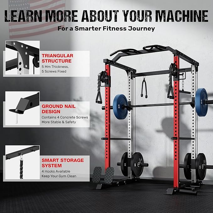DP01 Power Cage, 2000LBS Squat Rack with with Cable Crossover and Dual Independent Pulley System, Full Cage for Full Body Training, Power Rack with More Training Attachments for Home Gym