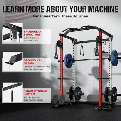 DP01 Power Cage, 2000LBS Squat Rack with with Cable Crossover and Dual Independent Pulley System, Full Cage for Full Body Training, Power Rack with More Training Attachments for Home Gym