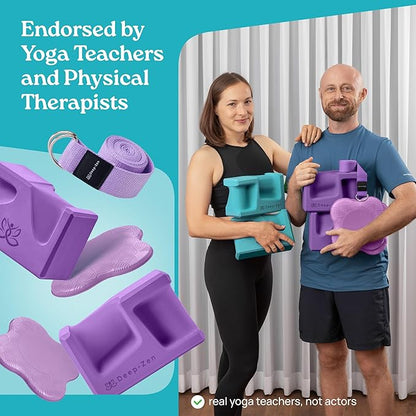 PRO Yoga Blocks | Ergonomic Yoga Block 2 Pack for Wrist Comfort and Support | EVA Foam Exercise Blocks, 2x Knee Pads & Yoga Strap | Pilates Block Set | Bricks to Eliminate Wrist Pain