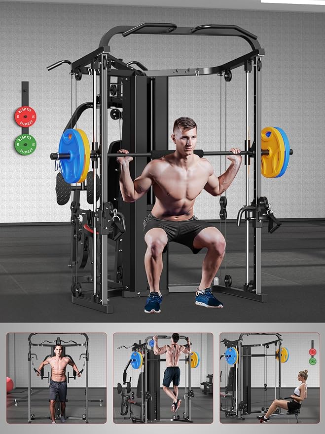 SunHome Multifunction Home Gym Equipment Workout Station, Smith Machine with 138LB Weight Stack, Leg Press, LAT Station for Full Body Training