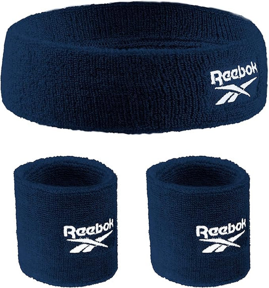 3pc Unisex Athletic Sweatband Set - 2.25in Workout Headband & 3.25in Wristbands w/Stay Dry Technology, Terry Cloth Band Moisture-Wicking Fabric | Quality Fitness Accessories for Active Comfort-Reebok