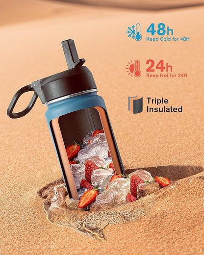 Coolflask Water Bottle 20 oz Insulated with Straw, Stainless Steel Metal 3 Lids Water Flask Wide Mouth for Sports or Office, Non-BPA Keep Cold Up to 48 Hrs or Hot Up to 24 Hrs, Samurai Cyan