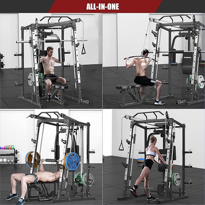 SunHome Smith Machine, Power Cage Squat Rack with Smith Bar, LAT Pull-Down Systems, Cable Crossover Machine and Cable Attachment for Home Gym