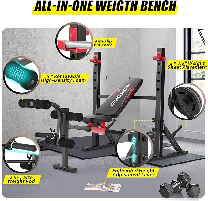 OPPSDECOR 900LBS Weight Bench Set with Squat Rack Foldable Bench Press Set with Leg Extension & Leg Curl Professional Flat/Incline/Decline Workout Bench for Home Gym Full Body Exercise