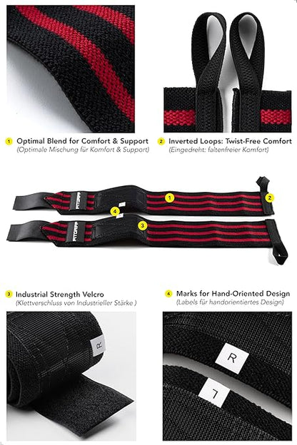 Fitgriff® Wrist Wraps for Weightlifting (18") Heavy-Duty Support for Gym, Bench Press, and Pushups (1 Pair) - for Men and Women (Black/Red)