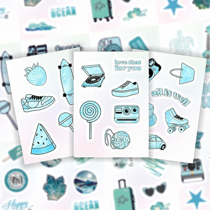 BulbaCraft 100Pcs Teal Stickers, Blue Stickers for Water Bottle and Laptop - Teal Party Supplies & Decorations, Waterproof Vinyl Decals, Gifts for Women & Men