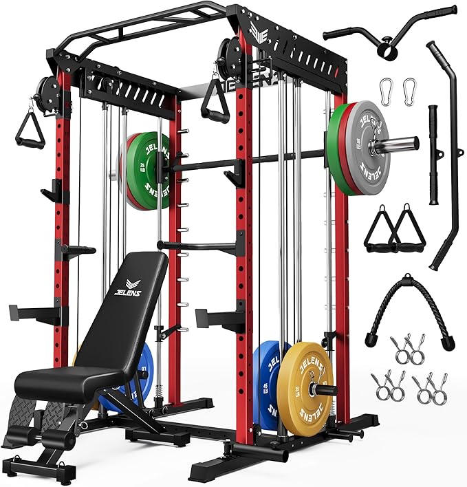 M21 Smith Machine, Multi-Function Power Cage with Dual Pulley Cable Crossover System, 2000LBS All-in-One Squat Rack with Smith Bar and Attachments for Home Gym Strength Training