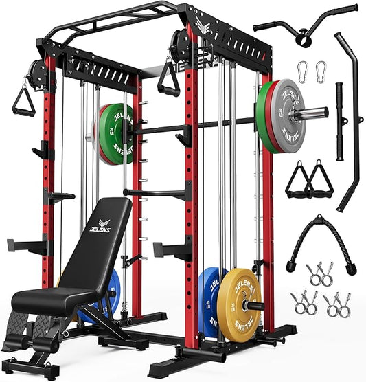 M21 Smith Machine, Multi-Function Power Cage with Dual Pulley Cable Crossover System, 2000LBS All-in-One Squat Rack with Smith Bar and Attachments for Home Gym Strength Training