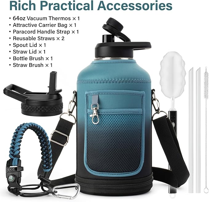 64 oz Insulated Water Bottle | Thickened Stainless Steel Water Jug for Gym and Hiking with Straw, Carrier Bag, Handle Strap | BPA-Free 64 oz