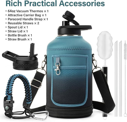 64 oz Insulated Water Bottle | Thickened Stainless Steel Water Jug for Gym and Hiking with Straw, Carrier Bag, Handle Strap | BPA-Free 64 oz