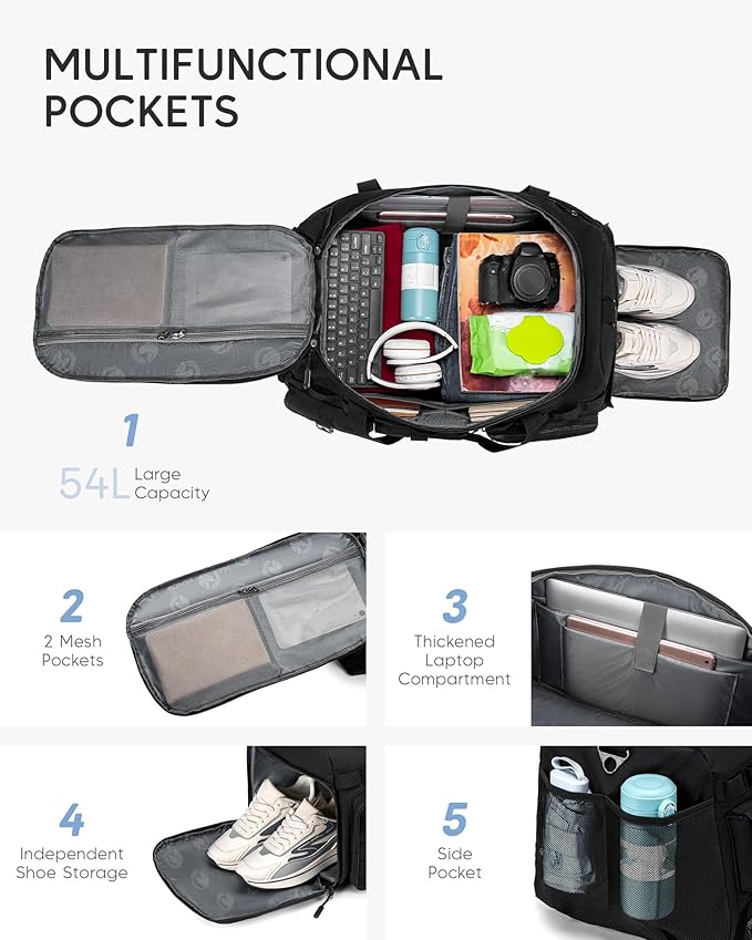 3 in 1 Large Tactical Gym Bag for Men Woman 54L Travel Duffle Bag with Shoe Compartment Backpack Range Bag for Equipment Football Weekender Overnight Workout