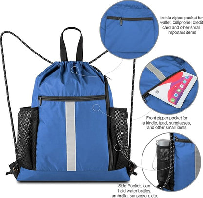 BeeGreen Royal Blue String Backpack Bag Cinch Sack with Shoe Compartment and Two Side Mesh Pockets Lightweight Sturdy Drawstring Gym Sackpack 1 Pack for Unisex