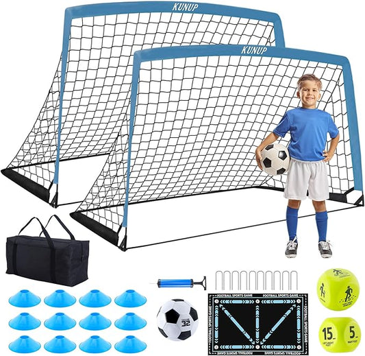 2 Set Kids Soccer Goals for Backyard with Training Equipment, Portable Foldable Practice Nets with Ball, Dice & Mat, Cones, Air Pump and Carry Bag for Toddler Youth Outdoor Sports Game