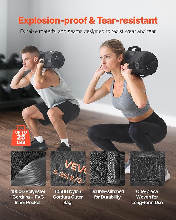 VEVOR Workout Sandbag, Heavy Duty Workout Power Bags with Handles, Slam Bag for Fitness Strength Weight Training Cross-Training, Home Gym Exercise, Black (Unfilled)