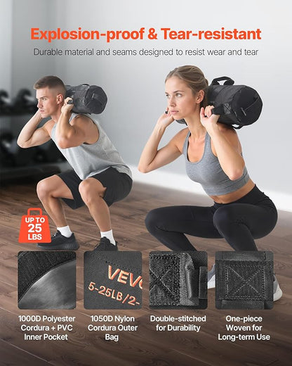 VEVOR Workout Sandbag, Heavy Duty Workout Power Bags with Handles, Slam Bag for Fitness Strength Weight Training Cross-Training, Home Gym Exercise, Black (Unfilled)
