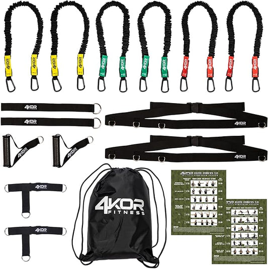 4KOR Deluxe Shoulder and Full Body Cross Anchored Resistance Cord System with Interchangeable Handles, Foot Straps, and Workout Guide. Exercise Bands with Nylon Sleeves, Anchors, and Carry Bag