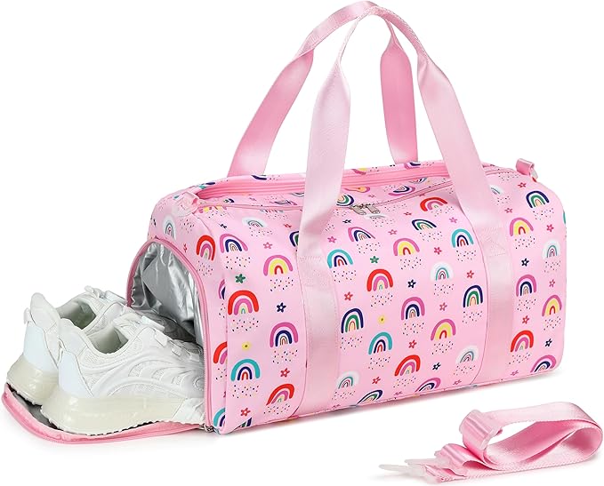 Gym Bag Sports Duffle Bag with Wet Pocket Weekender Overnight Bags with Waterproof Shoe Pouch and Air Hole for Girls Kids Women Workout Travel Bags (Rainbow)