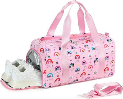 Gym Bag Sports Duffle Bag with Wet Pocket Weekender Overnight Bags with Waterproof Shoe Pouch and Air Hole for Girls Kids Women Workout Travel Bags (Rainbow)