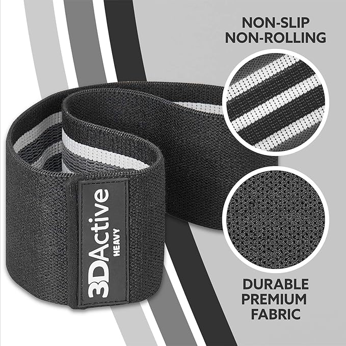 3DActive Fabric Resistance Bands for Legs & Butt. Wide Non-Slip Hip Band Set for Home & Gym Workouts. Exercise Guide & Carry Bag Included.