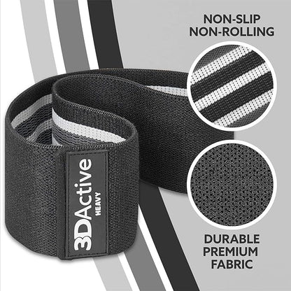3DActive Fabric Resistance Bands for Legs & Butt. Wide Non-Slip Hip Band Set for Home & Gym Workouts. Exercise Guide & Carry Bag Included.