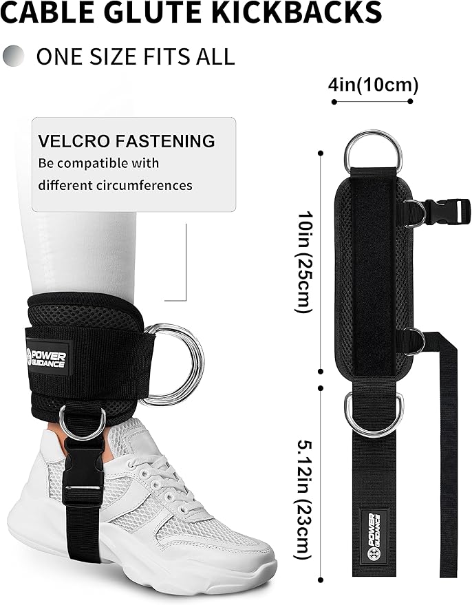 POWER GUIDANCE Ankle Strap for Cable Machine Professional Kickback Ankle Strap for Glute Workouts, Leg Extensions - Adjustable Strap with D-Rings