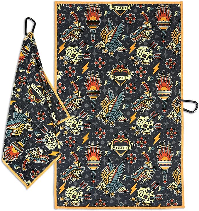 RokFit Gym & Golf Towel – Multi-Use, Quick-Dry, Durable Utility Towel with Bold Graphic and Carabiner Clip (Tattoo Flash Pattern)