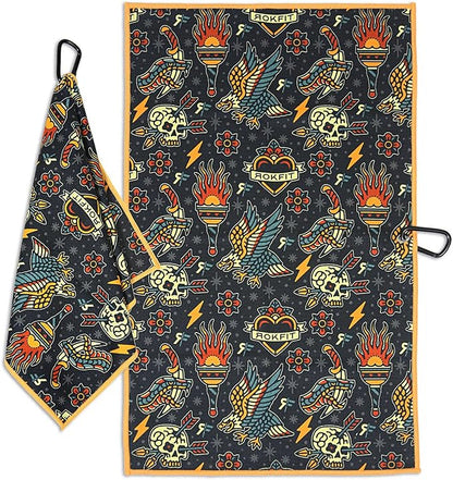RokFit Gym & Golf Towel – Multi-Use, Quick-Dry, Durable Utility Towel with Bold Graphic and Carabiner Clip (Tattoo Flash Pattern)