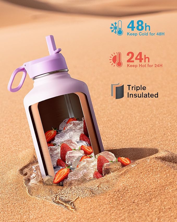 Coolflask Half Gallon Water Bottle Insulated with Straw & 3 Lids, 64 oz Water Jug Large Metal Stainless Steel Wide Mouth for Sports, Gym or Office, Non-BPA Keep Cold 48H Hot 24H, Pink
