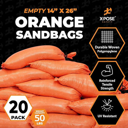 Xpose Safety Heavy Duty Sand Bags with Tie Strings – Empty Woven Polypropylene Sandbags for Hurricane Flood Protection, 50 lb Capacity, 14" x 26", Orange, Pack of 20